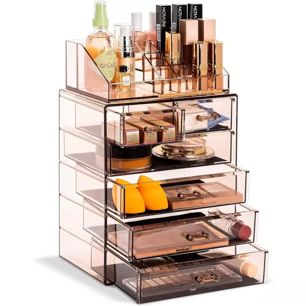 imageSorbus Clear Cosmetic Makeup Organizer  Make Up ampamp Jewelry Storage Case Display for Dresser Bathroom Vanity 3 Large 4 Small Drawers Bronze GlowBronze Glow