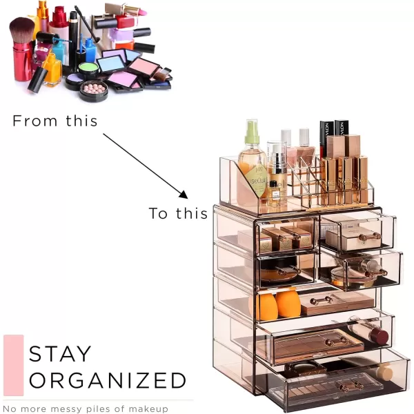imageSorbus Clear Cosmetic Makeup Organizer  Make Up ampamp Jewelry Storage Case Display for Dresser Bathroom Vanity 3 Large 4 Small Drawers Bronze GlowBronze Glow