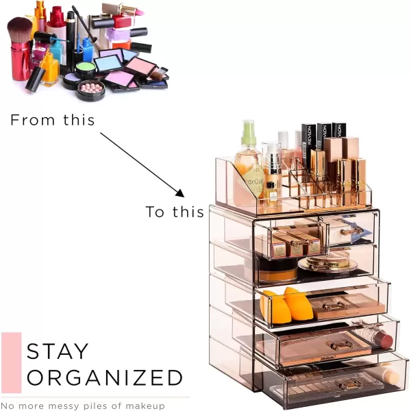 imageSorbus Clear Cosmetic Makeup Organizer  Make Up ampamp Jewelry Storage Case Display for Dresser Bathroom Vanity 3 Large 4 Small Drawers Bronze GlowBronze Glow
