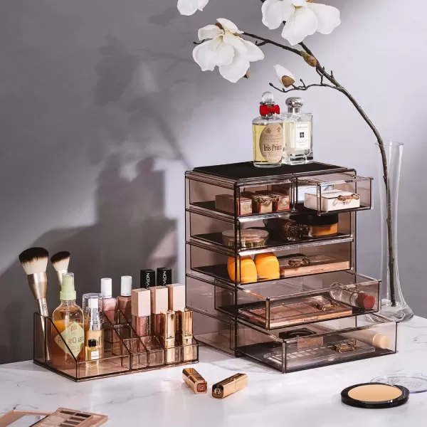 imageSorbus Clear Cosmetic Makeup Organizer  Make Up ampamp Jewelry Storage Case Display for Dresser Bathroom Vanity 3 Large 4 Small Drawers Bronze GlowBronze Glow