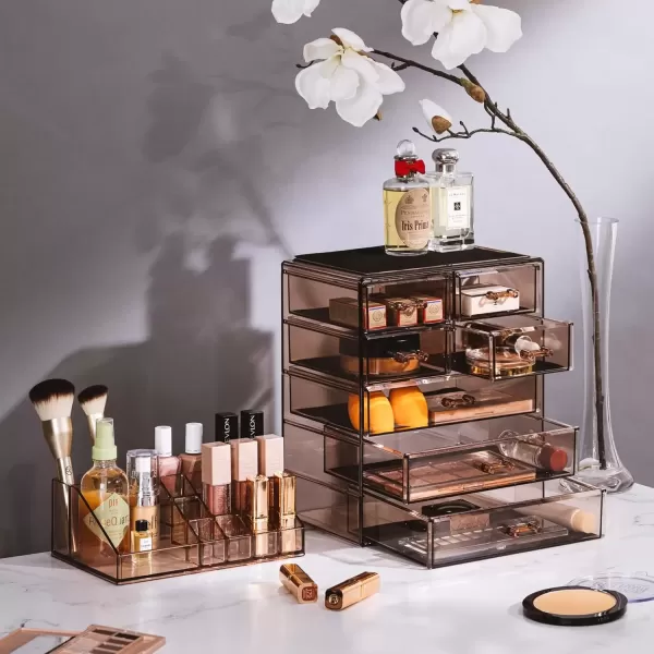 imageSorbus Clear Cosmetic Makeup Organizer  Make Up ampamp Jewelry Storage Case Display for Dresser Bathroom Vanity 3 Large 4 Small Drawers Bronze GlowBronze Glow