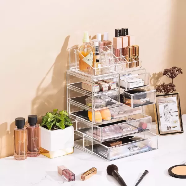 imageSorbus Clear Cosmetic Makeup Organizer  Make Up ampamp Jewelry Storage Case Display for Dresser Bathroom Vanity 3 Large 4 Small Drawers Bronze GlowClear