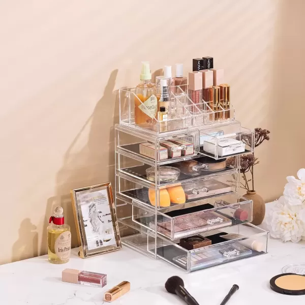 imageSorbus Clear Cosmetic Makeup Organizer  Make Up ampamp Jewelry Storage Case Display for Dresser Bathroom Vanity 3 Large 4 Small Drawers Bronze GlowClear