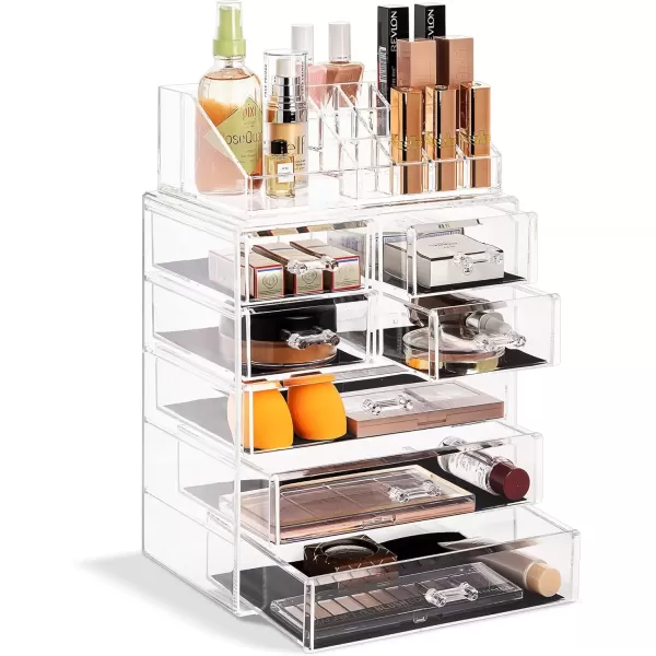 imageSorbus Clear Cosmetic Makeup Organizer  Make Up ampamp Jewelry Storage Case Display for Dresser Bathroom Vanity 3 Large 4 Small Drawers Bronze GlowClear