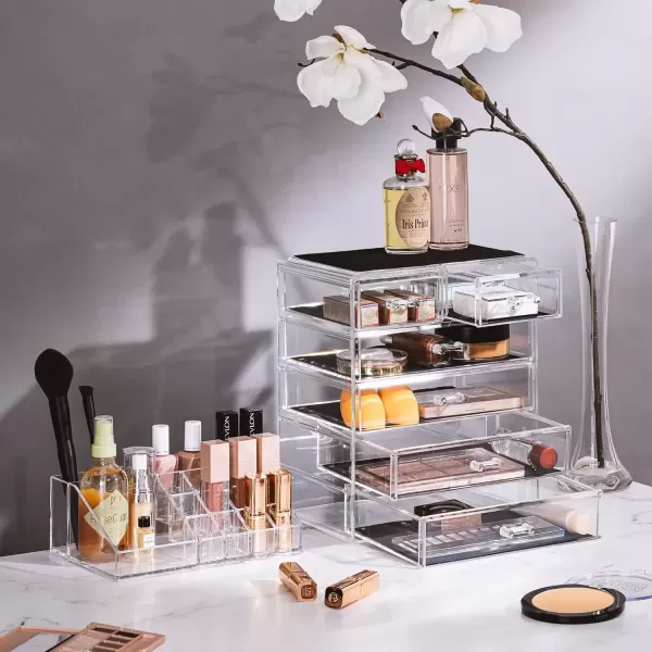 imageSorbus Clear Cosmetic Makeup Organizer  Make Up ampamp Jewelry Storage Case Display for Dresser Bathroom Vanity 3 Large 4 Small Drawers Bronze GlowClear