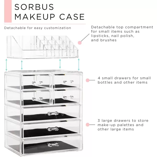 imageSorbus Clear Cosmetic Makeup Organizer  Make Up ampamp Jewelry Storage Case Display for Dresser Bathroom Vanity 3 Large 4 Small Drawers Bronze GlowClear