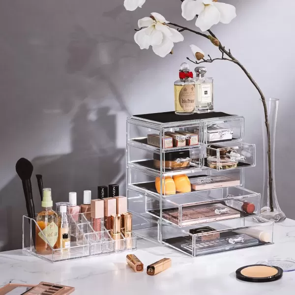 imageSorbus Clear Cosmetic Makeup Organizer  Make Up ampamp Jewelry Storage Case Display for Dresser Bathroom Vanity 3 Large 4 Small Drawers Bronze GlowClear