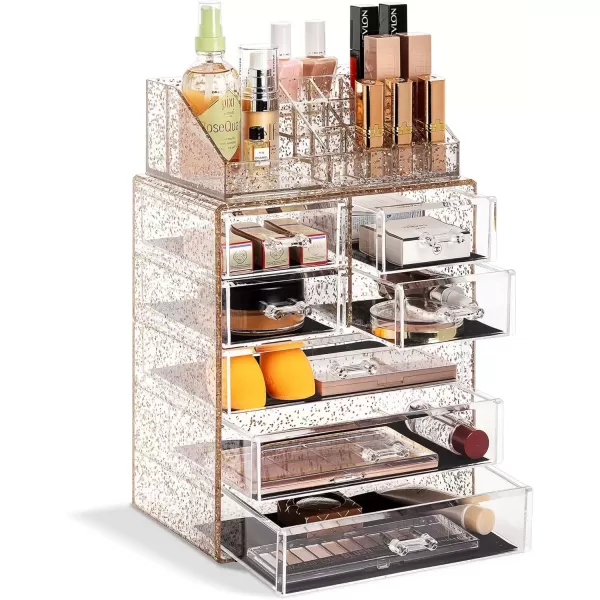 imageSorbus Clear Cosmetic Makeup Organizer  Make Up ampamp Jewelry Storage Case Display for Dresser Bathroom Vanity 3 Large 4 Small Drawers Bronze GlowGlitter