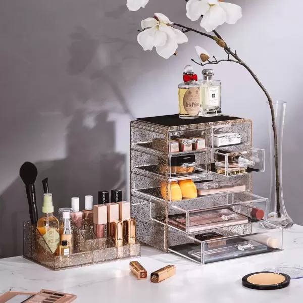 imageSorbus Clear Cosmetic Makeup Organizer  Make Up ampamp Jewelry Storage Case Display for Dresser Bathroom Vanity 3 Large 4 Small Drawers Bronze GlowGlitter
