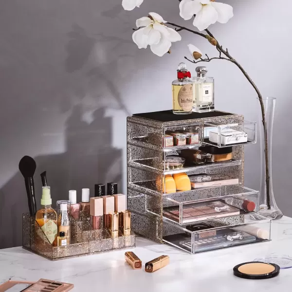 imageSorbus Clear Cosmetic Makeup Organizer  Make Up ampamp Jewelry Storage Case Display for Dresser Bathroom Vanity 3 Large 4 Small Drawers Bronze GlowGlitter