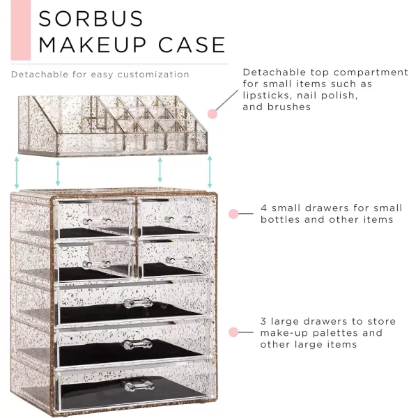 imageSorbus Clear Cosmetic Makeup Organizer  Make Up ampamp Jewelry Storage Case Display for Dresser Bathroom Vanity 3 Large 4 Small Drawers Bronze GlowGlitter