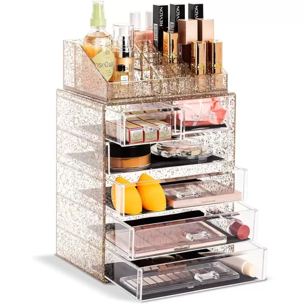 imageSorbus Clear Cosmetic Makeup Organizer  Make Up ampamp Jewelry Storage Case Display for Dresser Bathroom Vanity 3 Large 4 Small Drawers Bronze GlowGlitter
