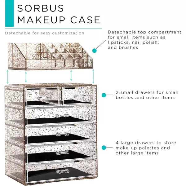 imageSorbus Clear Cosmetic Makeup Organizer  Make Up ampamp Jewelry Storage Case Display for Dresser Bathroom Vanity 3 Large 4 Small Drawers Bronze GlowGlitter
