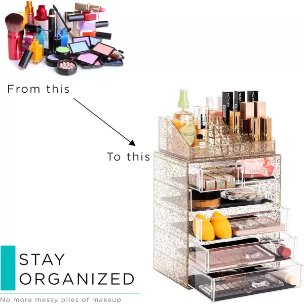 imageSorbus Clear Cosmetic Makeup Organizer  Make Up ampamp Jewelry Storage Case Display for Dresser Bathroom Vanity 3 Large 4 Small Drawers Bronze GlowGlitter