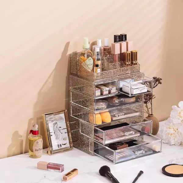 imageSorbus Clear Cosmetic Makeup Organizer  Make Up ampamp Jewelry Storage Case Display for Dresser Bathroom Vanity 3 Large 4 Small Drawers Bronze GlowGlitter