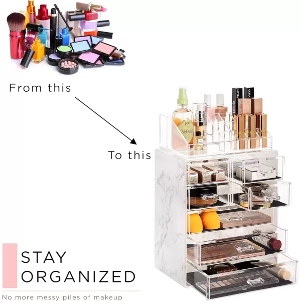 imageSorbus Clear Cosmetic Makeup Organizer  Make Up ampamp Jewelry Storage Case Display for Dresser Bathroom Vanity 3 Large 4 Small Drawers Bronze GlowMarble Print