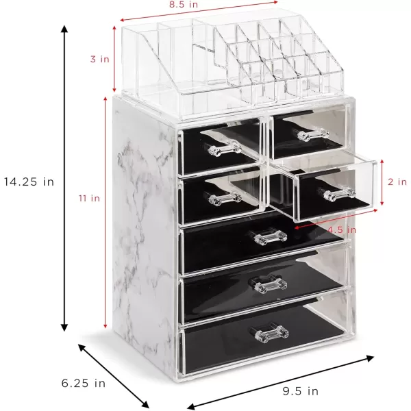 imageSorbus Clear Cosmetic Makeup Organizer  Make Up ampamp Jewelry Storage Case Display for Dresser Bathroom Vanity 3 Large 4 Small Drawers Bronze GlowMarble Print