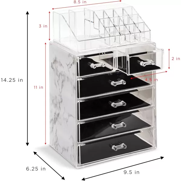 imageSorbus Clear Cosmetic Makeup Organizer  Make Up ampamp Jewelry Storage Case Display for Dresser Bathroom Vanity 3 Large 4 Small Drawers Bronze GlowMarble Print