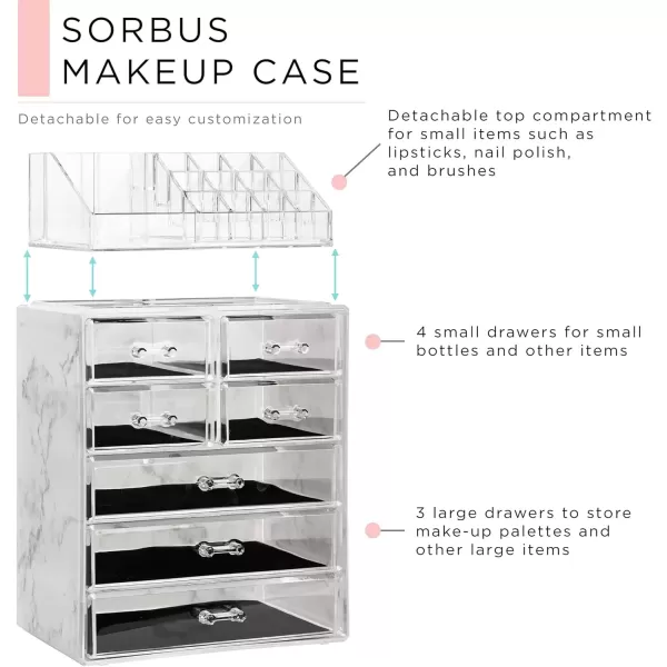 imageSorbus Clear Cosmetic Makeup Organizer  Make Up ampamp Jewelry Storage Case Display for Dresser Bathroom Vanity 3 Large 4 Small Drawers Bronze GlowMarble Print