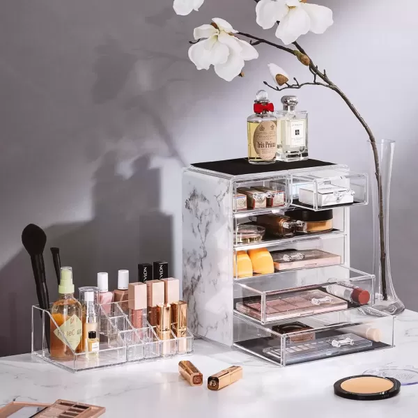 imageSorbus Clear Cosmetic Makeup Organizer  Make Up ampamp Jewelry Storage Case Display for Dresser Bathroom Vanity 3 Large 4 Small Drawers Bronze GlowMarble Print