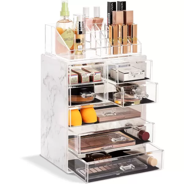 imageSorbus Clear Cosmetic Makeup Organizer  Make Up ampamp Jewelry Storage Case Display for Dresser Bathroom Vanity 3 Large 4 Small Drawers Bronze GlowMarble Print