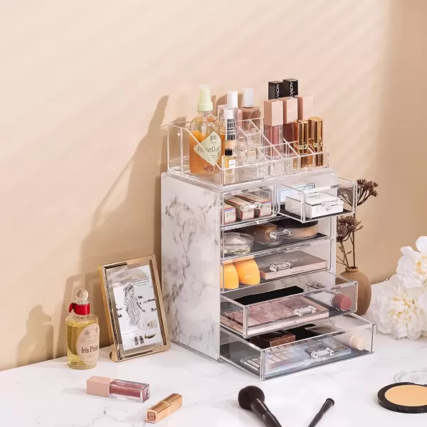 imageSorbus Clear Cosmetic Makeup Organizer  Make Up ampamp Jewelry Storage Case Display for Dresser Bathroom Vanity 3 Large 4 Small Drawers Bronze GlowMarble Print