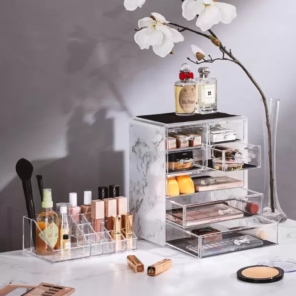 imageSorbus Clear Cosmetic Makeup Organizer  Make Up ampamp Jewelry Storage Case Display for Dresser Bathroom Vanity 3 Large 4 Small Drawers Bronze GlowMarble Print