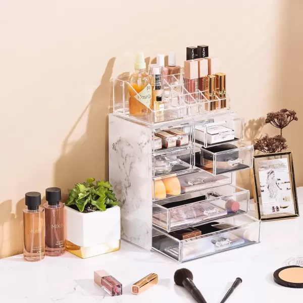 imageSorbus Clear Cosmetic Makeup Organizer  Make Up ampamp Jewelry Storage Case Display for Dresser Bathroom Vanity 3 Large 4 Small Drawers Bronze GlowMarble Print