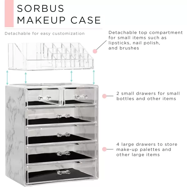 imageSorbus Clear Cosmetic Makeup Organizer  Make Up ampamp Jewelry Storage Case Display for Dresser Bathroom Vanity 3 Large 4 Small Drawers Bronze GlowMarble Print