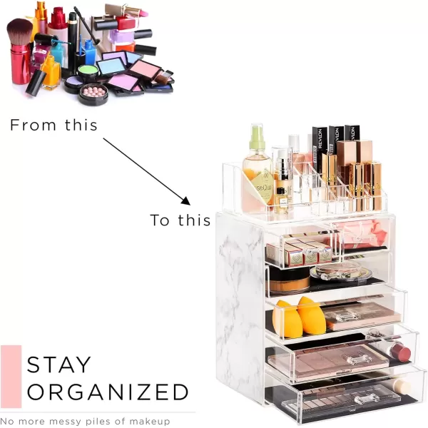 imageSorbus Clear Cosmetic Makeup Organizer  Make Up ampamp Jewelry Storage Case Display for Dresser Bathroom Vanity 3 Large 4 Small Drawers Bronze GlowMarble Print