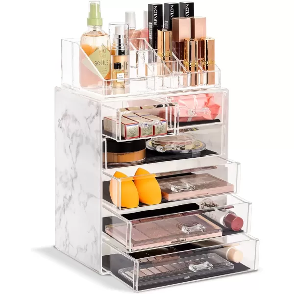 imageSorbus Clear Cosmetic Makeup Organizer  Make Up ampamp Jewelry Storage Case Display for Dresser Bathroom Vanity 3 Large 4 Small Drawers Bronze GlowMarble Print