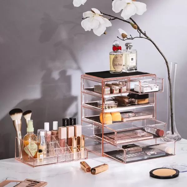 imageSorbus Clear Cosmetic Makeup Organizer  Make Up ampamp Jewelry Storage Case Display for Dresser Bathroom Vanity 3 Large 4 Small Drawers Bronze GlowPink