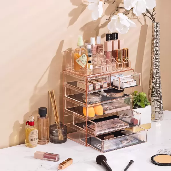 imageSorbus Clear Cosmetic Makeup Organizer  Make Up ampamp Jewelry Storage Case Display for Dresser Bathroom Vanity 3 Large 4 Small Drawers Bronze GlowPink