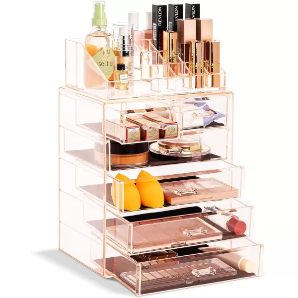 imageSorbus Clear Cosmetic Makeup Organizer  Make Up ampamp Jewelry Storage Case Display for Dresser Bathroom Vanity 3 Large 4 Small Drawers Bronze GlowPink