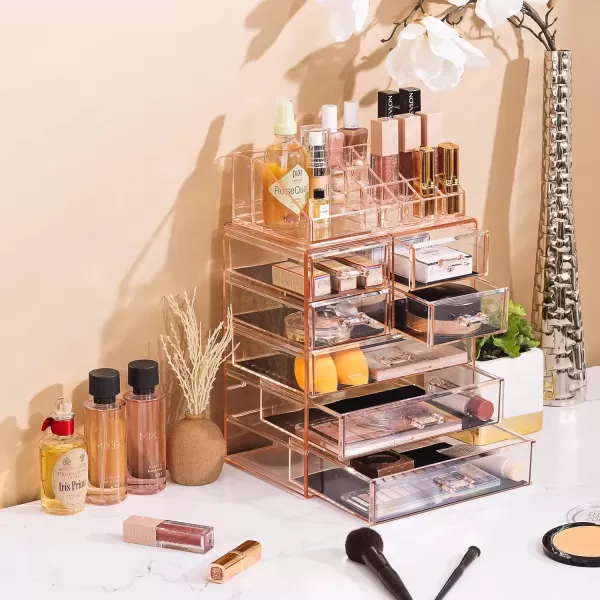 imageSorbus Clear Cosmetic Makeup Organizer  Make Up ampamp Jewelry Storage Case Display for Dresser Bathroom Vanity 3 Large 4 Small Drawers Bronze GlowPink