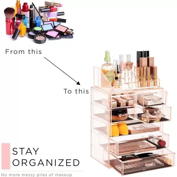 imageSorbus Clear Cosmetic Makeup Organizer  Make Up ampamp Jewelry Storage Case Display for Dresser Bathroom Vanity 3 Large 4 Small Drawers Bronze GlowPink