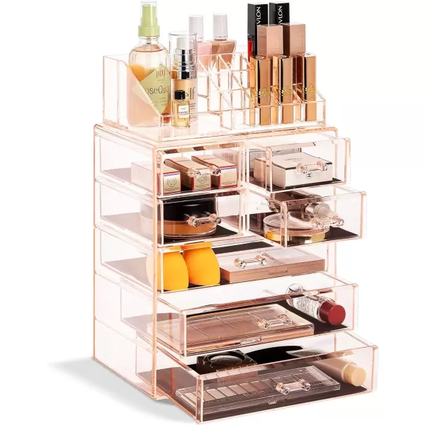 imageSorbus Clear Cosmetic Makeup Organizer  Make Up ampamp Jewelry Storage Case Display for Dresser Bathroom Vanity 3 Large 4 Small Drawers Bronze GlowPink