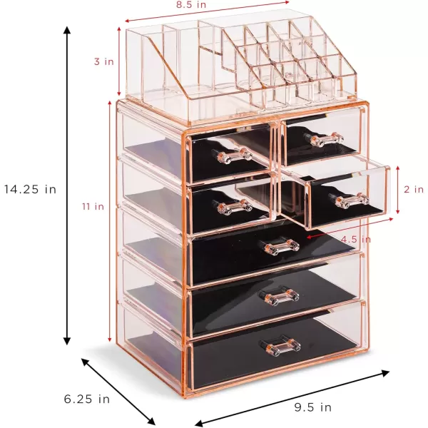 imageSorbus Clear Cosmetic Makeup Organizer  Make Up ampamp Jewelry Storage Case Display for Dresser Bathroom Vanity 3 Large 4 Small Drawers Bronze GlowPink