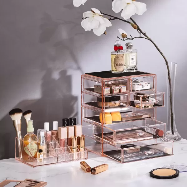imageSorbus Clear Cosmetic Makeup Organizer  Make Up ampamp Jewelry Storage Case Display for Dresser Bathroom Vanity 3 Large 4 Small Drawers Bronze GlowPink