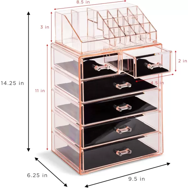 imageSorbus Clear Cosmetic Makeup Organizer  Make Up ampamp Jewelry Storage Case Display for Dresser Bathroom Vanity 3 Large 4 Small Drawers Bronze GlowPink