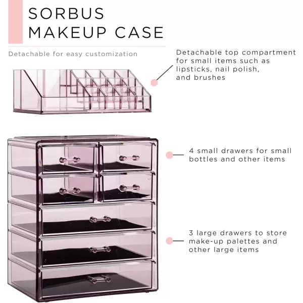 imageSorbus Clear Cosmetic Makeup Organizer  Make Up ampamp Jewelry Storage Case Display for Dresser Bathroom Vanity 3 Large 4 Small Drawers Bronze GlowPurple