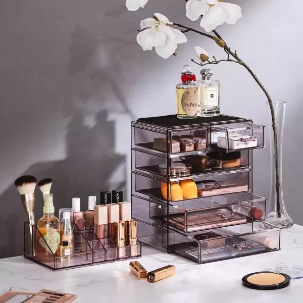 imageSorbus Clear Cosmetic Makeup Organizer  Make Up ampamp Jewelry Storage Case Display for Dresser Bathroom Vanity 3 Large 4 Small Drawers Bronze GlowPurple