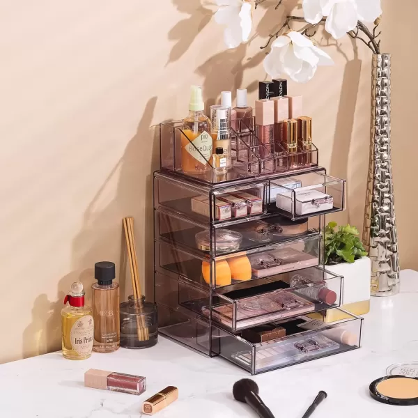imageSorbus Clear Cosmetic Makeup Organizer  Make Up ampamp Jewelry Storage Case Display for Dresser Bathroom Vanity 3 Large 4 Small Drawers Bronze GlowPurple