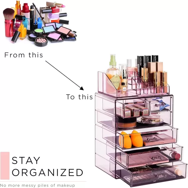 imageSorbus Clear Cosmetic Makeup Organizer  Make Up ampamp Jewelry Storage Case Display for Dresser Bathroom Vanity 3 Large 4 Small Drawers Bronze GlowPurple