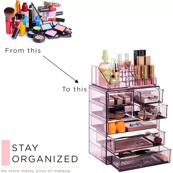 imageSorbus Clear Cosmetic Makeup Organizer  Make Up ampamp Jewelry Storage Case Display for Dresser Bathroom Vanity 3 Large 4 Small Drawers Bronze GlowPurple