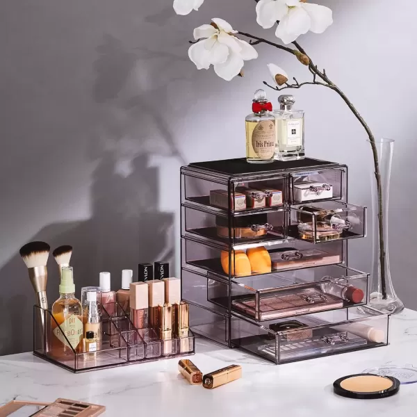 imageSorbus Clear Cosmetic Makeup Organizer  Make Up ampamp Jewelry Storage Case Display for Dresser Bathroom Vanity 3 Large 4 Small Drawers Bronze GlowPurple