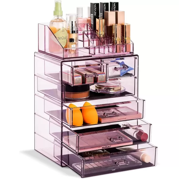 imageSorbus Clear Cosmetic Makeup Organizer  Make Up ampamp Jewelry Storage Case Display for Dresser Bathroom Vanity 3 Large 4 Small Drawers Bronze GlowPurple