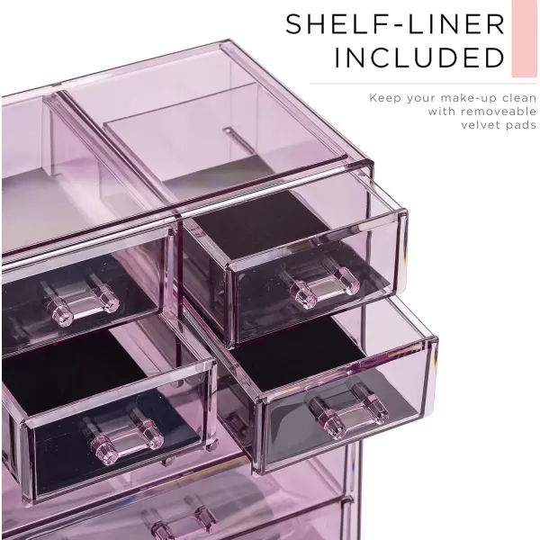 imageSorbus Clear Cosmetic Makeup Organizer  Make Up ampamp Jewelry Storage Case Display for Dresser Bathroom Vanity 3 Large 4 Small Drawers Bronze GlowPurple