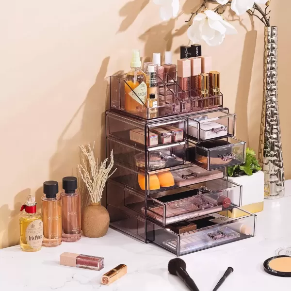 imageSorbus Clear Cosmetic Makeup Organizer  Make Up ampamp Jewelry Storage Case Display for Dresser Bathroom Vanity 3 Large 4 Small Drawers Bronze GlowPurple