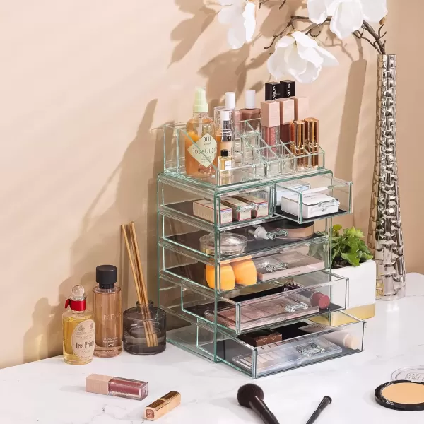 imageSorbus Clear Cosmetic Makeup Organizer  Make Up ampamp Jewelry Storage Case Display for Dresser Bathroom Vanity 3 Large 4 Small Drawers Bronze GlowTeal Thrill